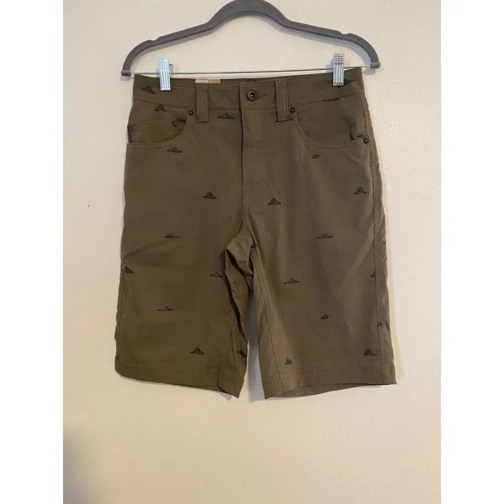 Prana Mens Shorts Slate Green 28” Waist Stretch Slim Fit Mountain Print NEW NWT